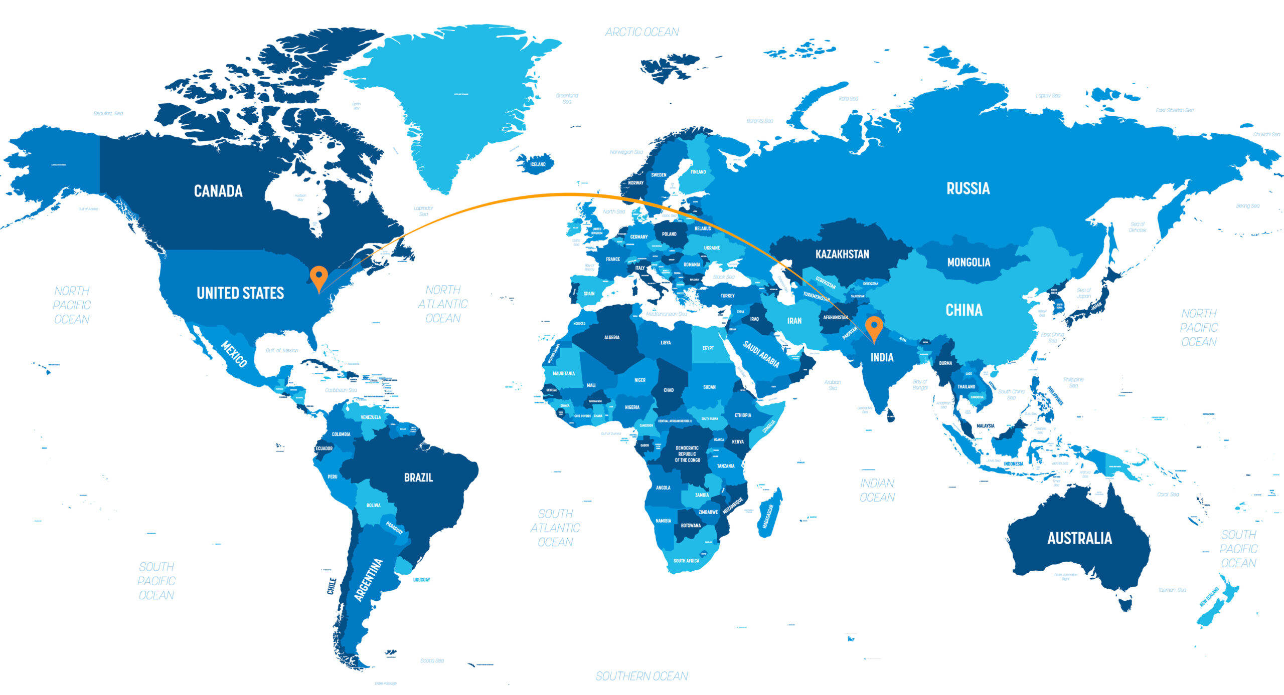 World map showing pin connection between India and Pittsburgh, PA USA